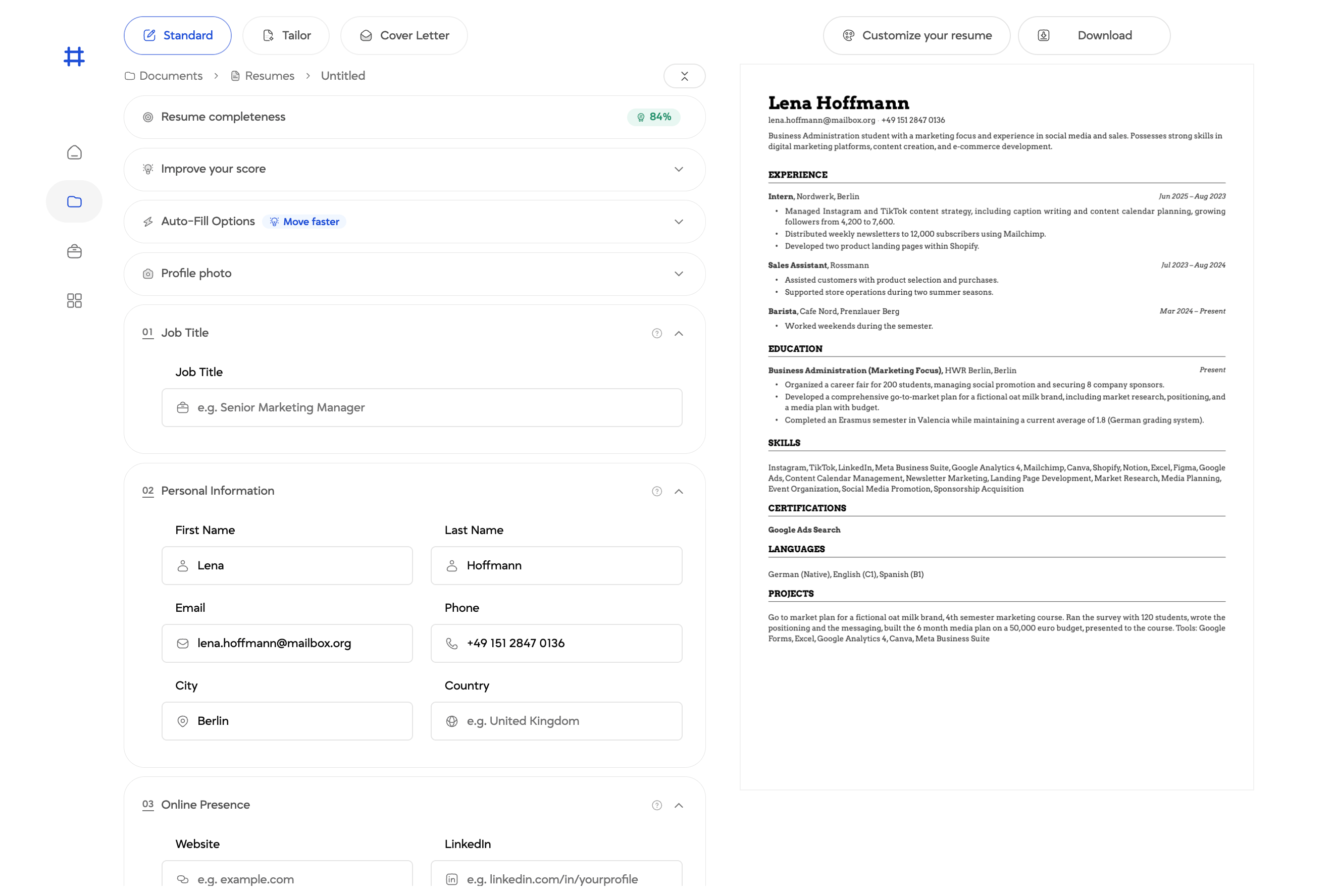 Laddro CV editor with personal details on the left and a live preview of the finished resume on the right, showing a completeness score.