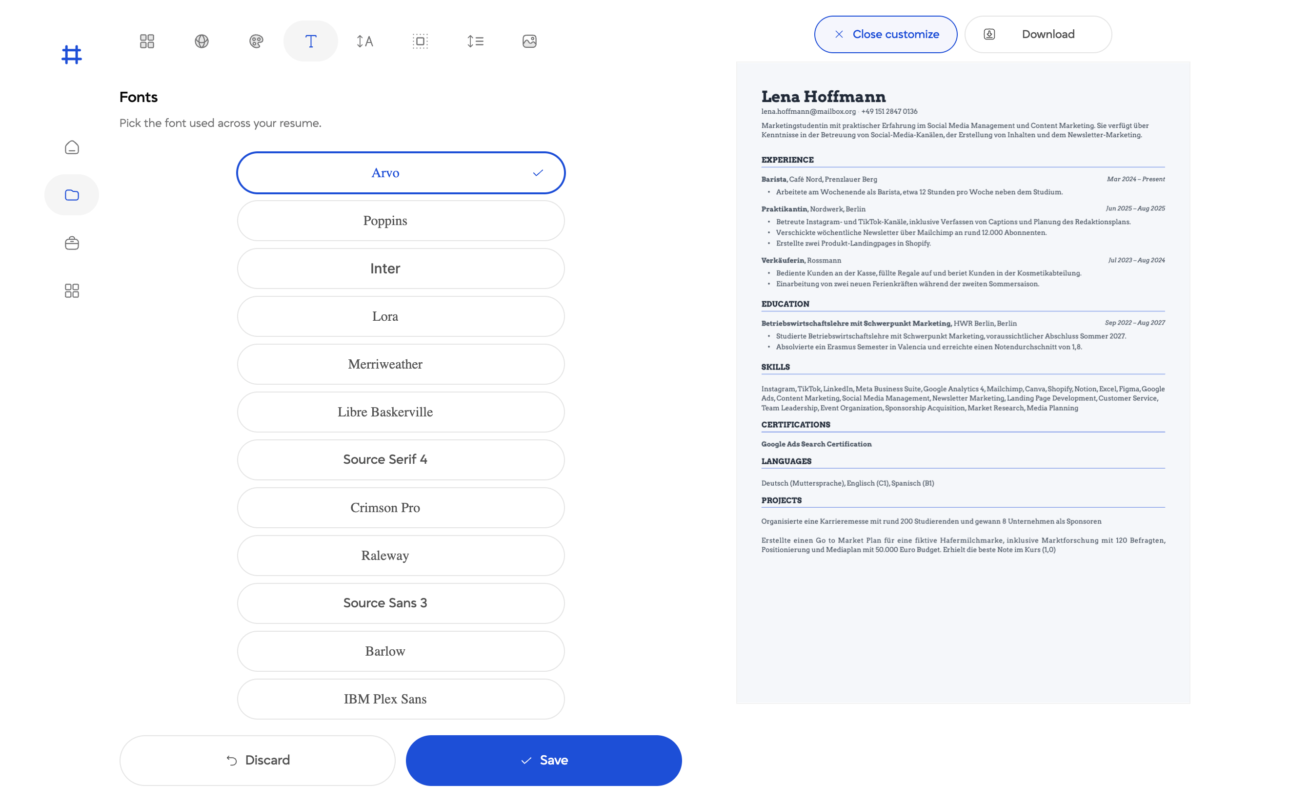 Font picker for a CV listing serif and sans serif faces including Arvo, Poppins, Inter and Lora.