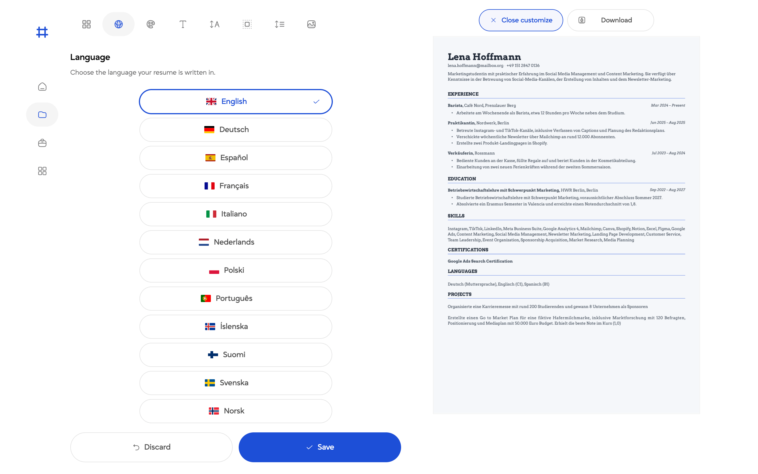 Resume language picker offering English, Deutsch, Espanol, Francais and further languages, with English selected.