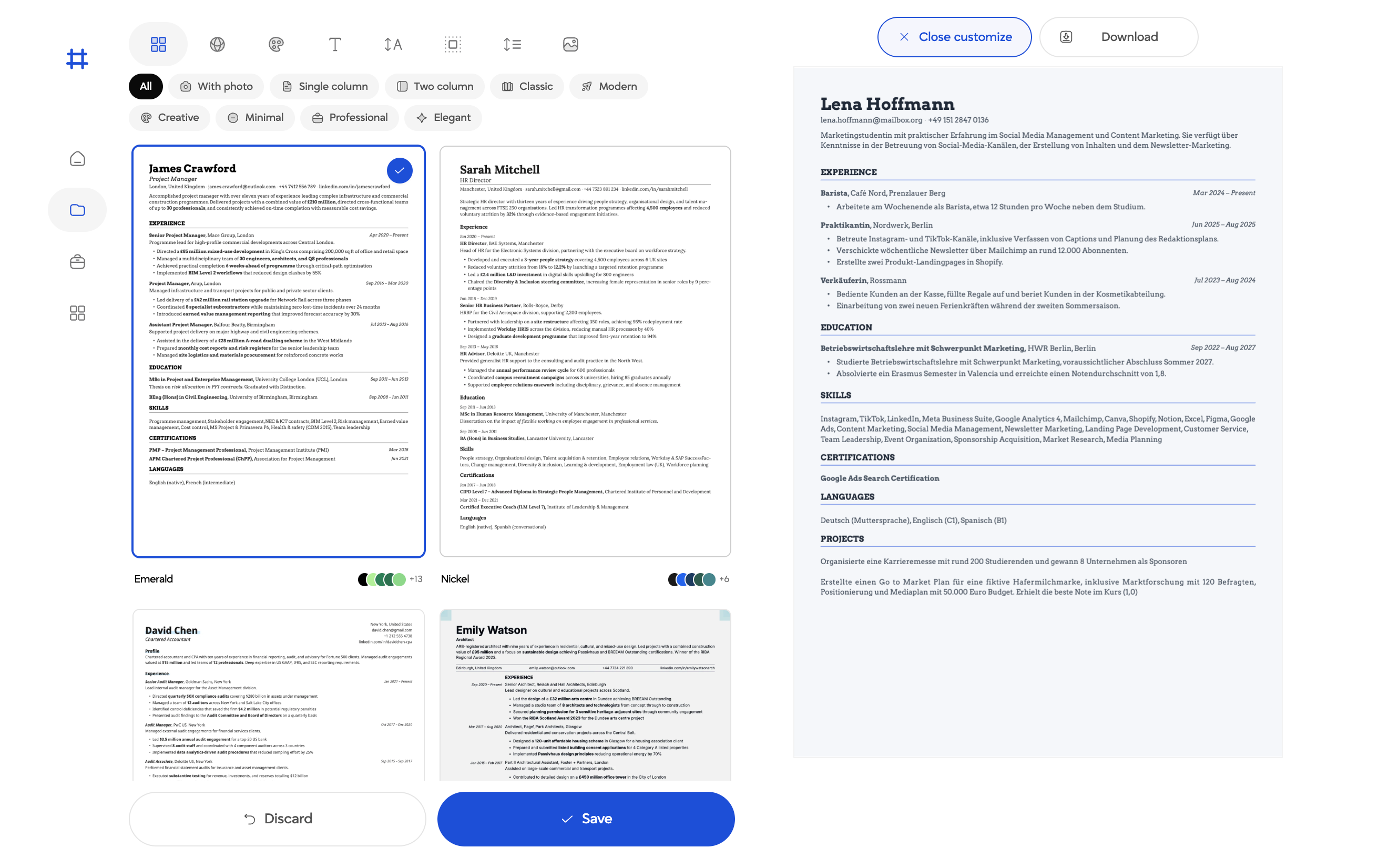 Laddro CV template gallery with several designs side by side, filters for single or two column and classic or modern, and colour variants per template.