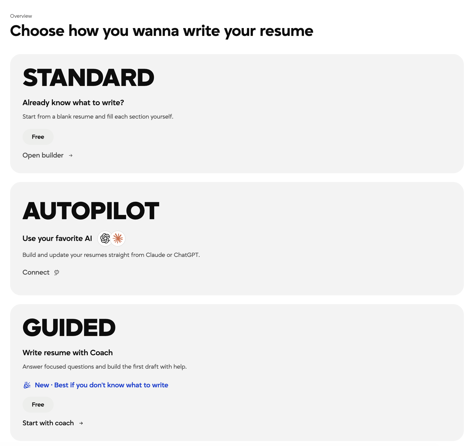Laddro resume builder start screen showing three ways to write a CV: Standard for full control, Autopilot using ChatGPT or Claude, and Guided with a coach.