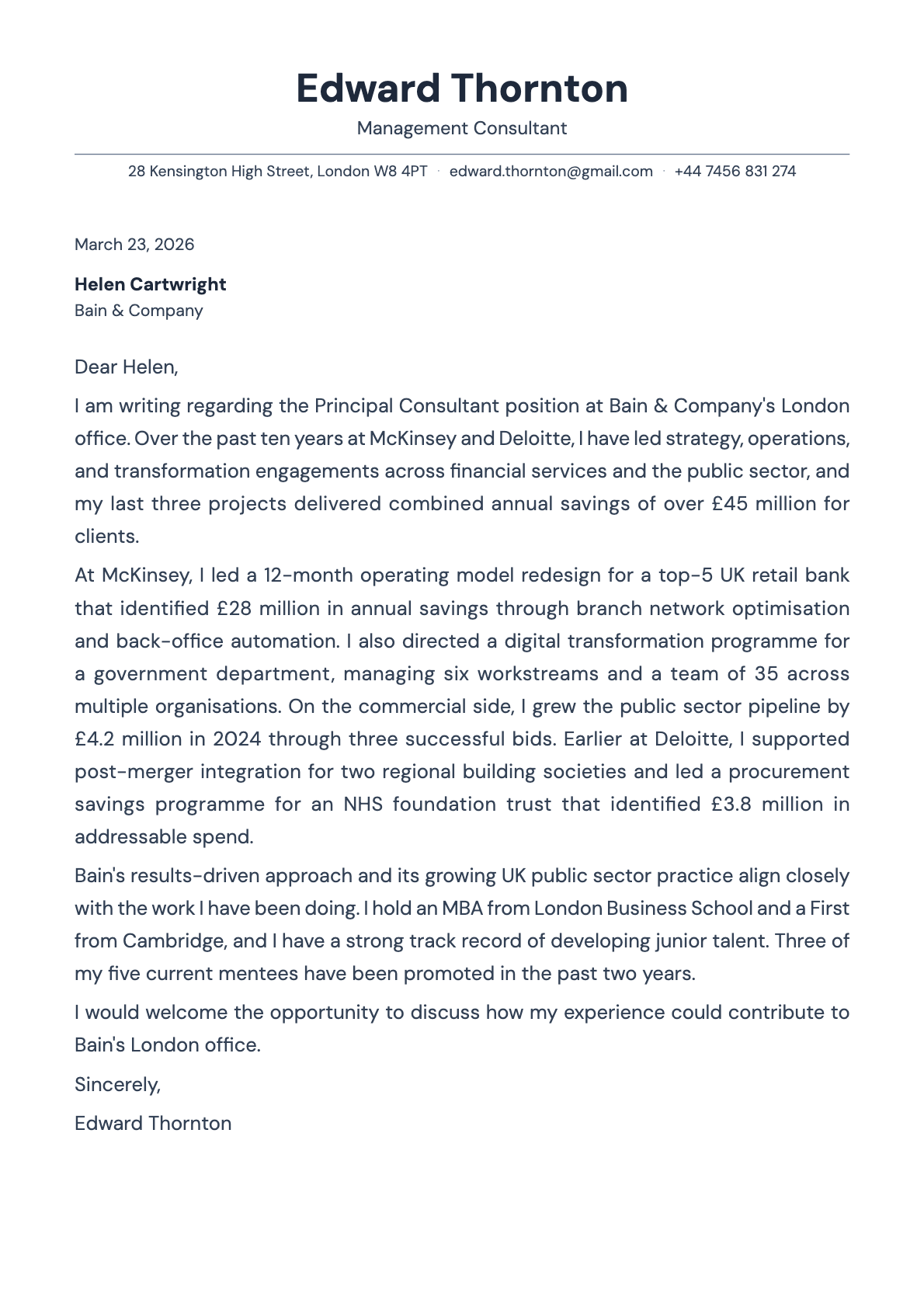 Management Consultant Cover Letter Example 2026 [Free Download] | Laddro