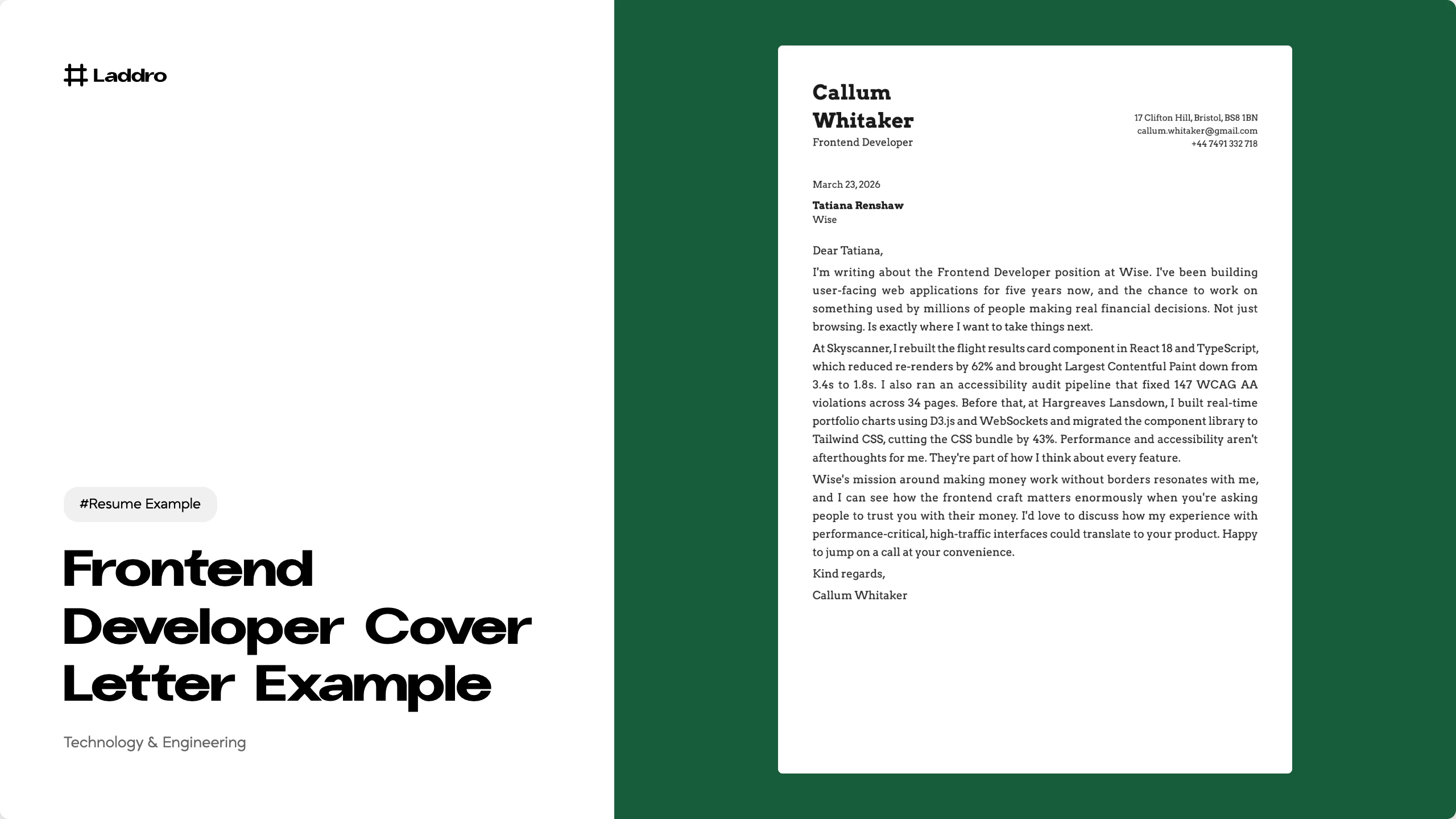 Frontend Developer Cover Letter Example 2026 · Laddro