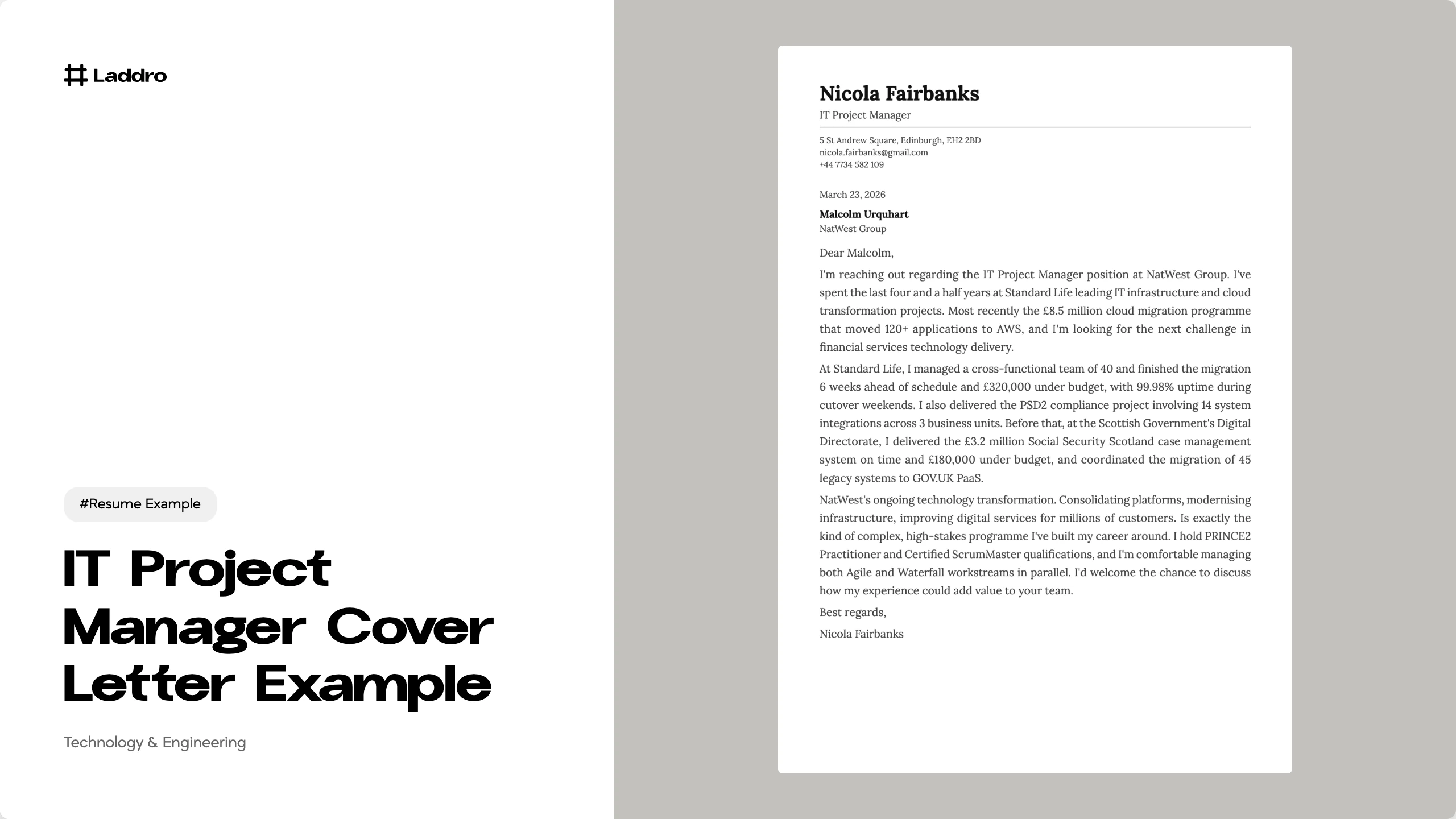 IT Project Manager Cover Letter Example 2026 · Laddro