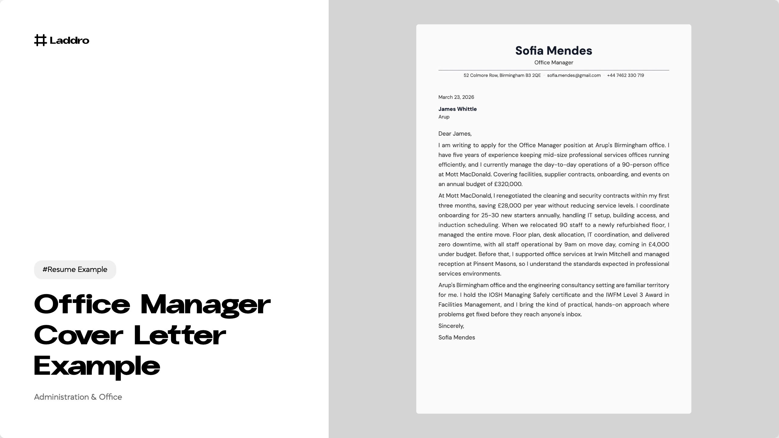 Office Manager Cover Letter Example 2026 · Laddro