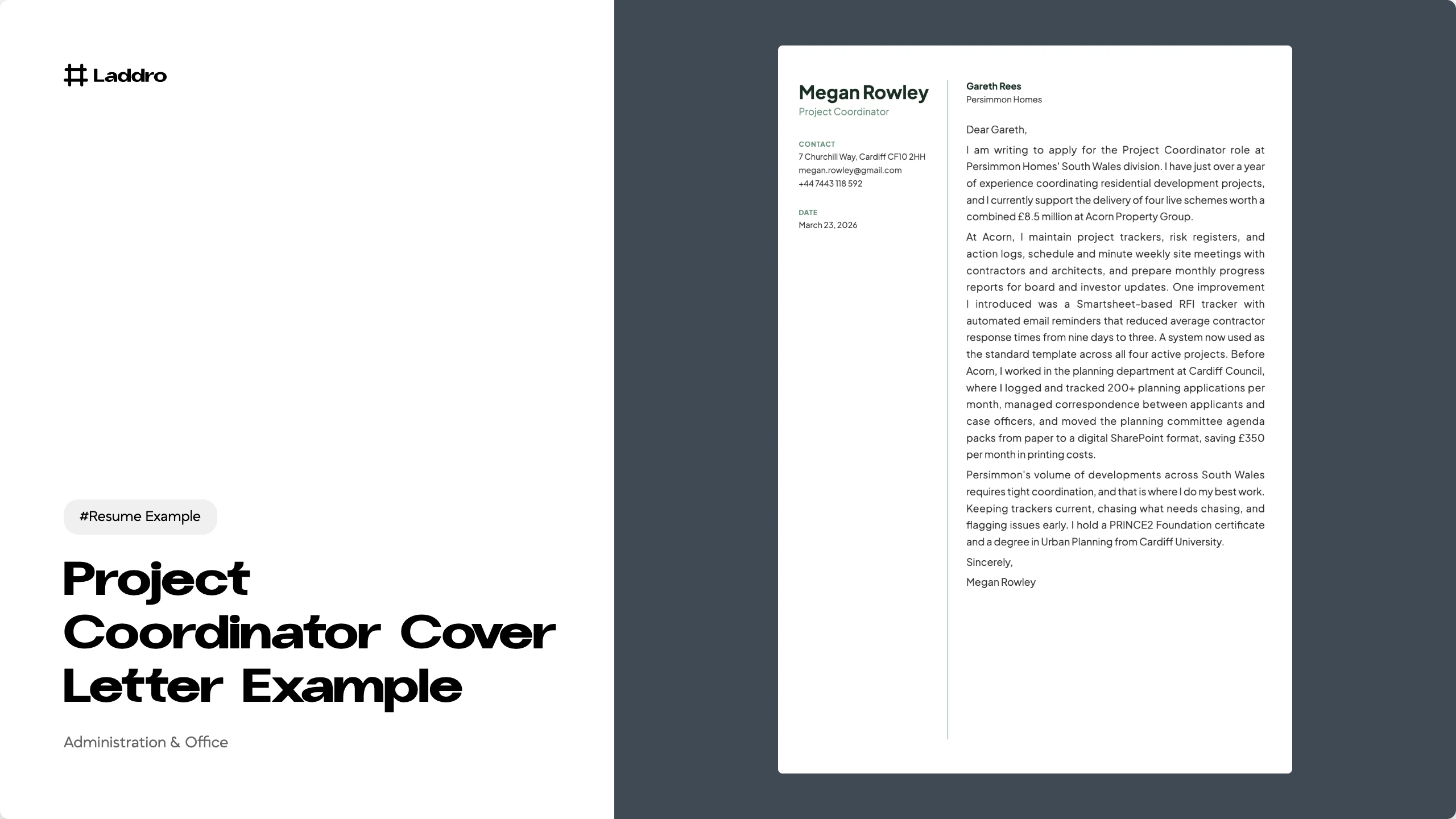 Project Coordinator Cover Letter Example 2026 · Laddro
