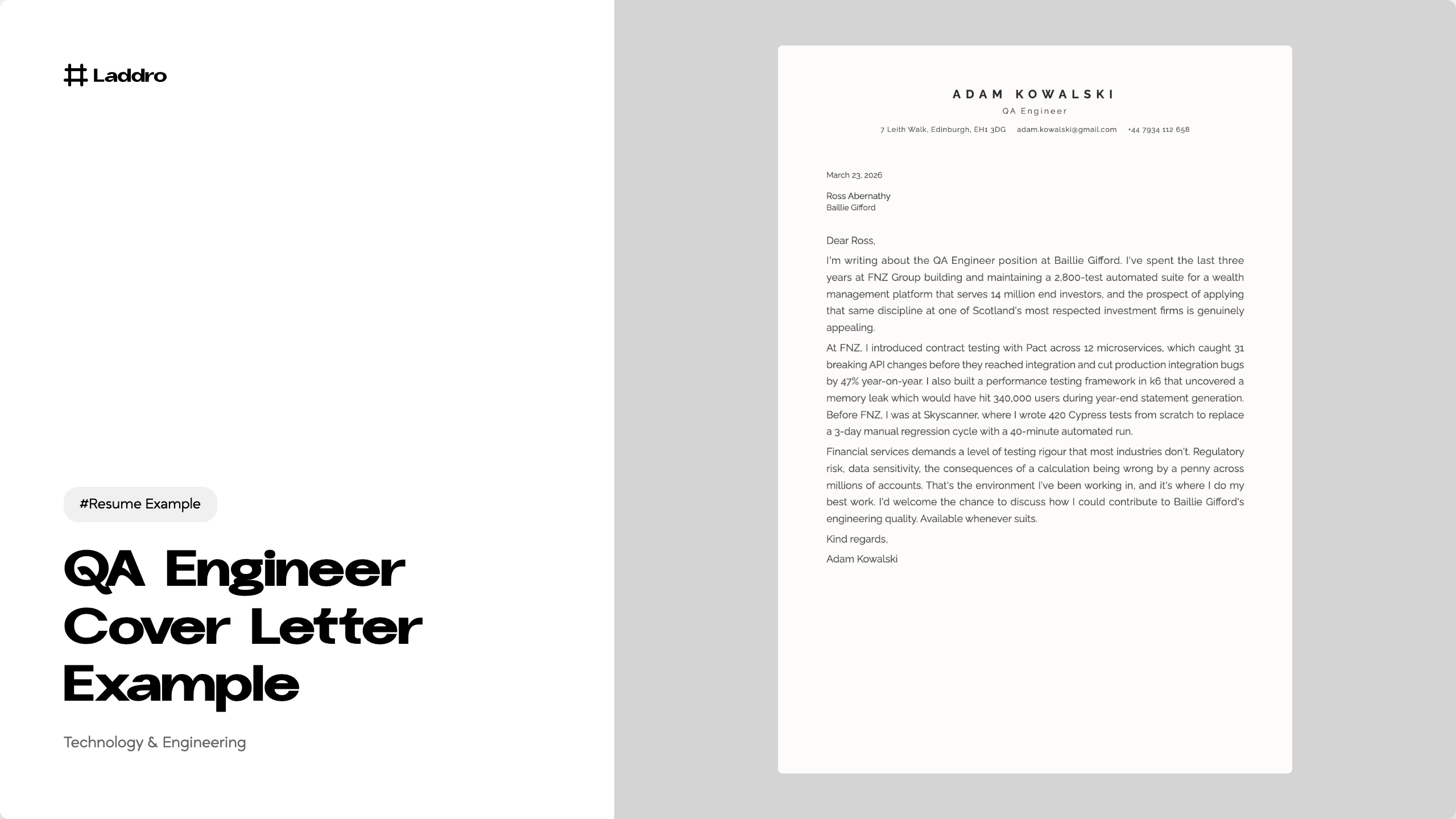 QA Engineer Cover Letter Example 2026 · Laddro