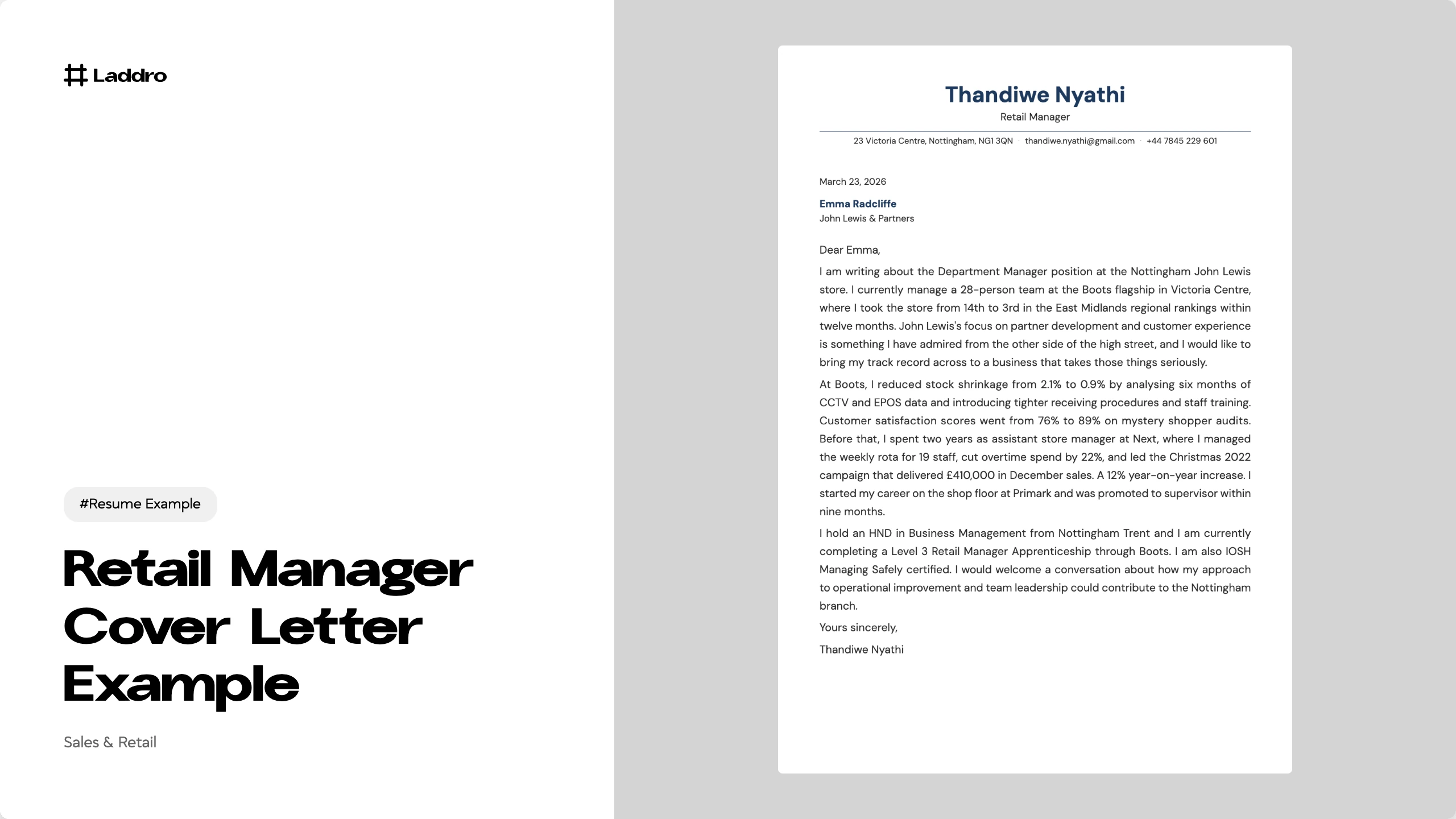 Retail Manager Cover Letter Example 2026 · Laddro