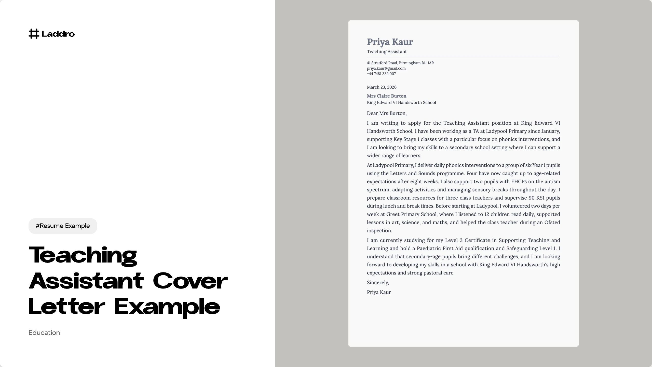 Teaching Assistant Cover Letter Example 2026 · Laddro