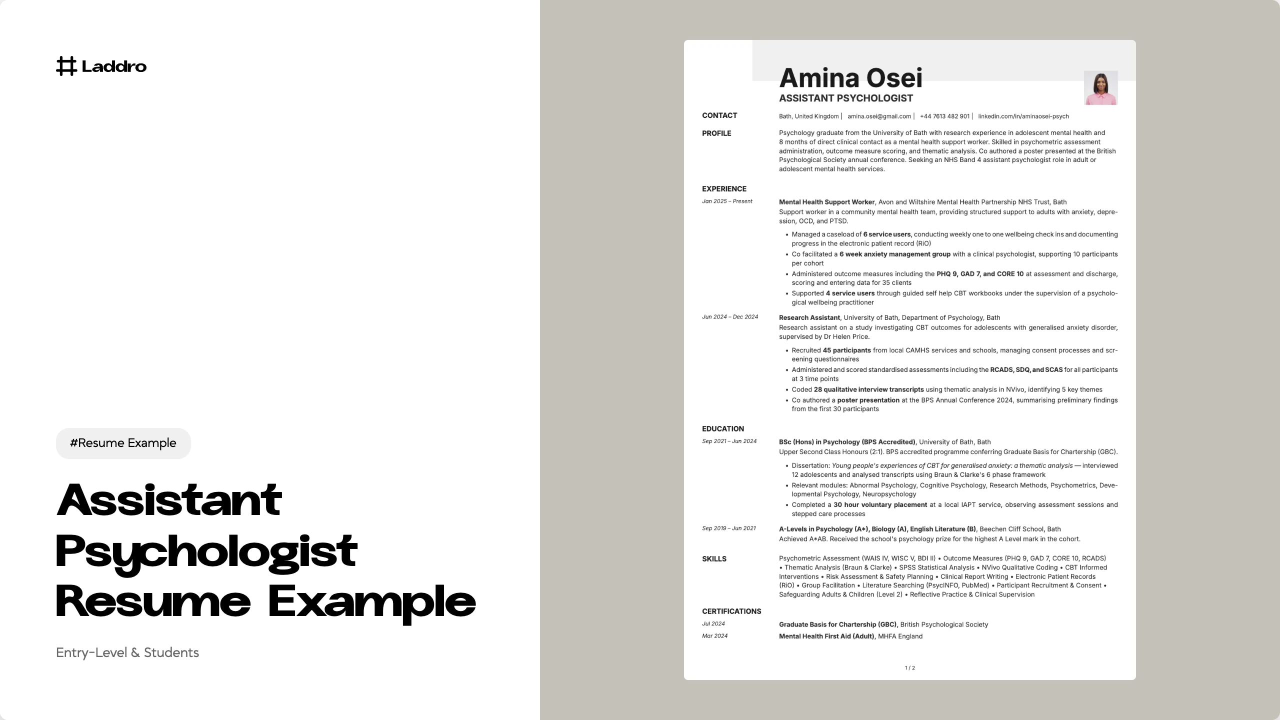 Assistant Psychologist Resume Example 2026 · Laddro