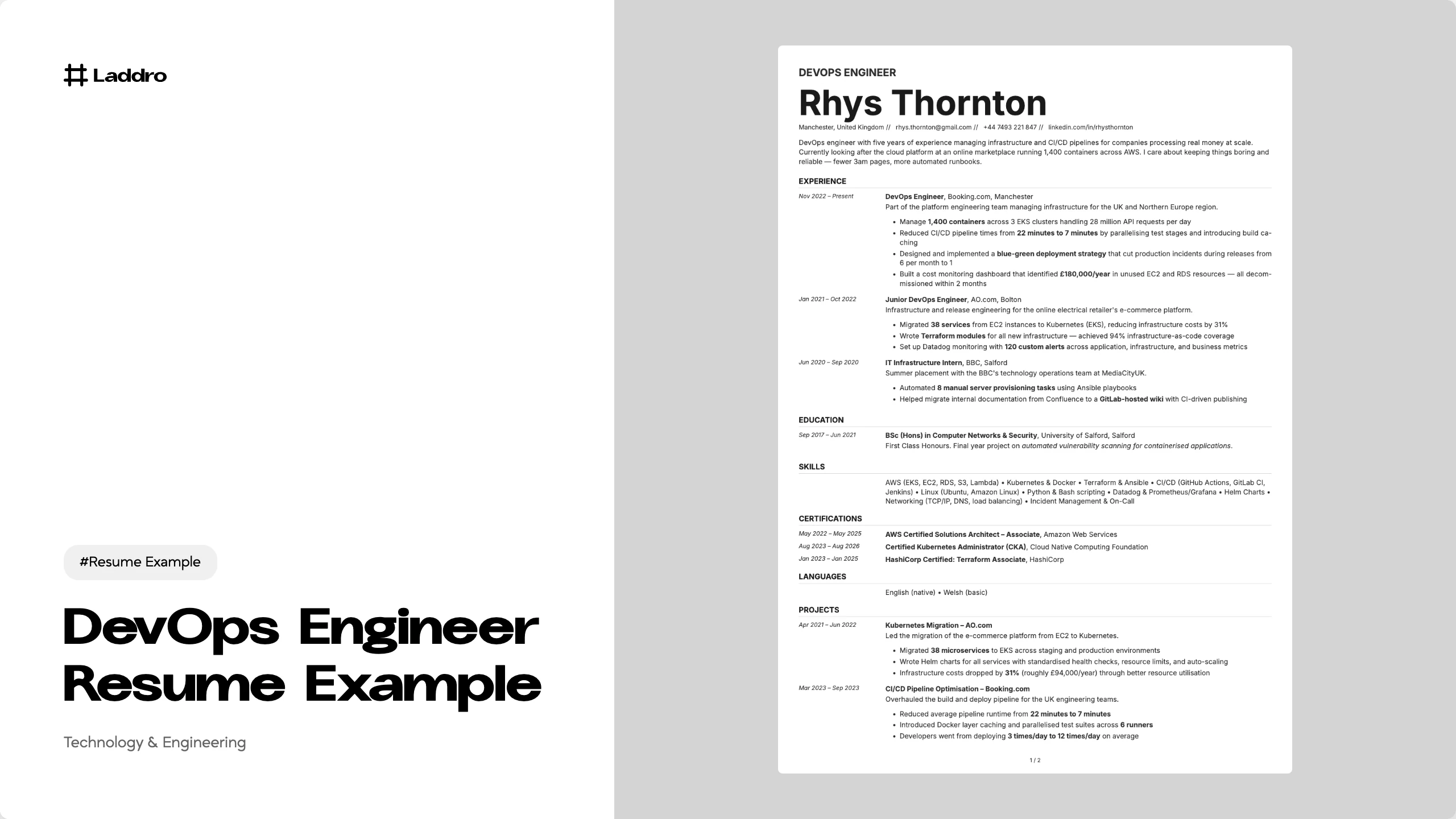 DevOps Engineer Resume Example 2026 · Free Download · Laddro