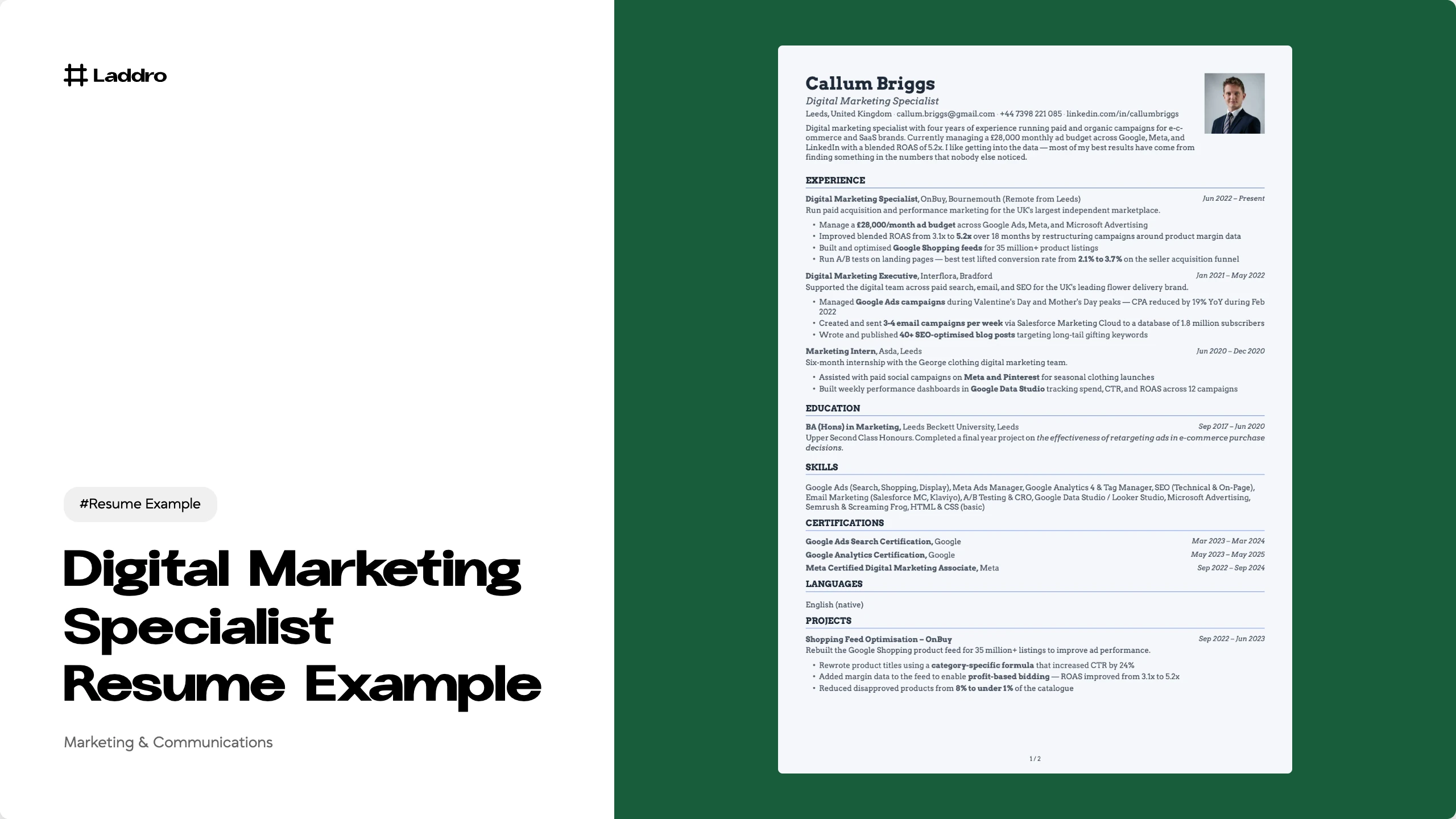 Digital Marketing Specialist Resume Example 2026 · Laddro