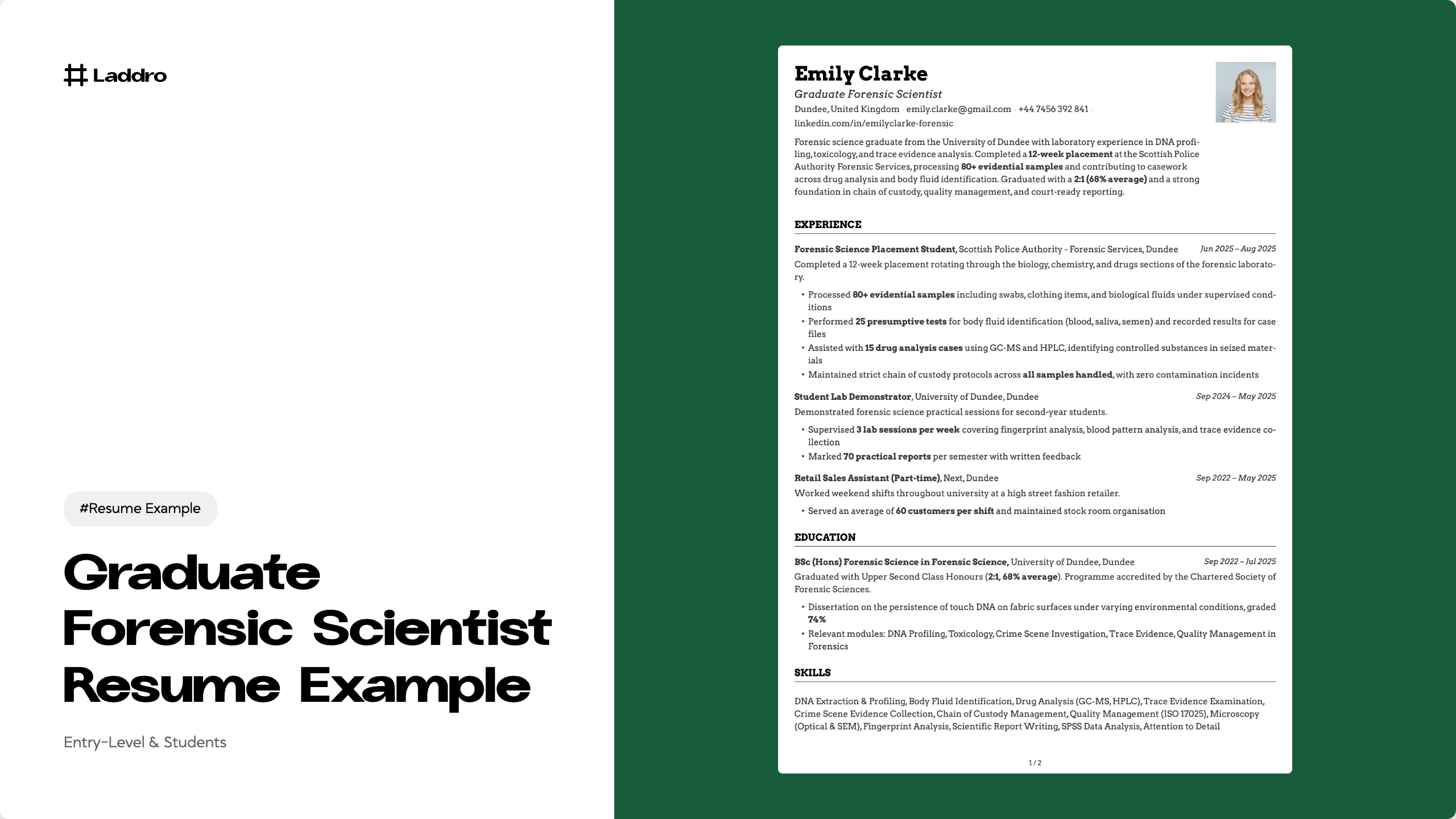 Graduate Forensic Scientist Resume Example 2026 · Laddro