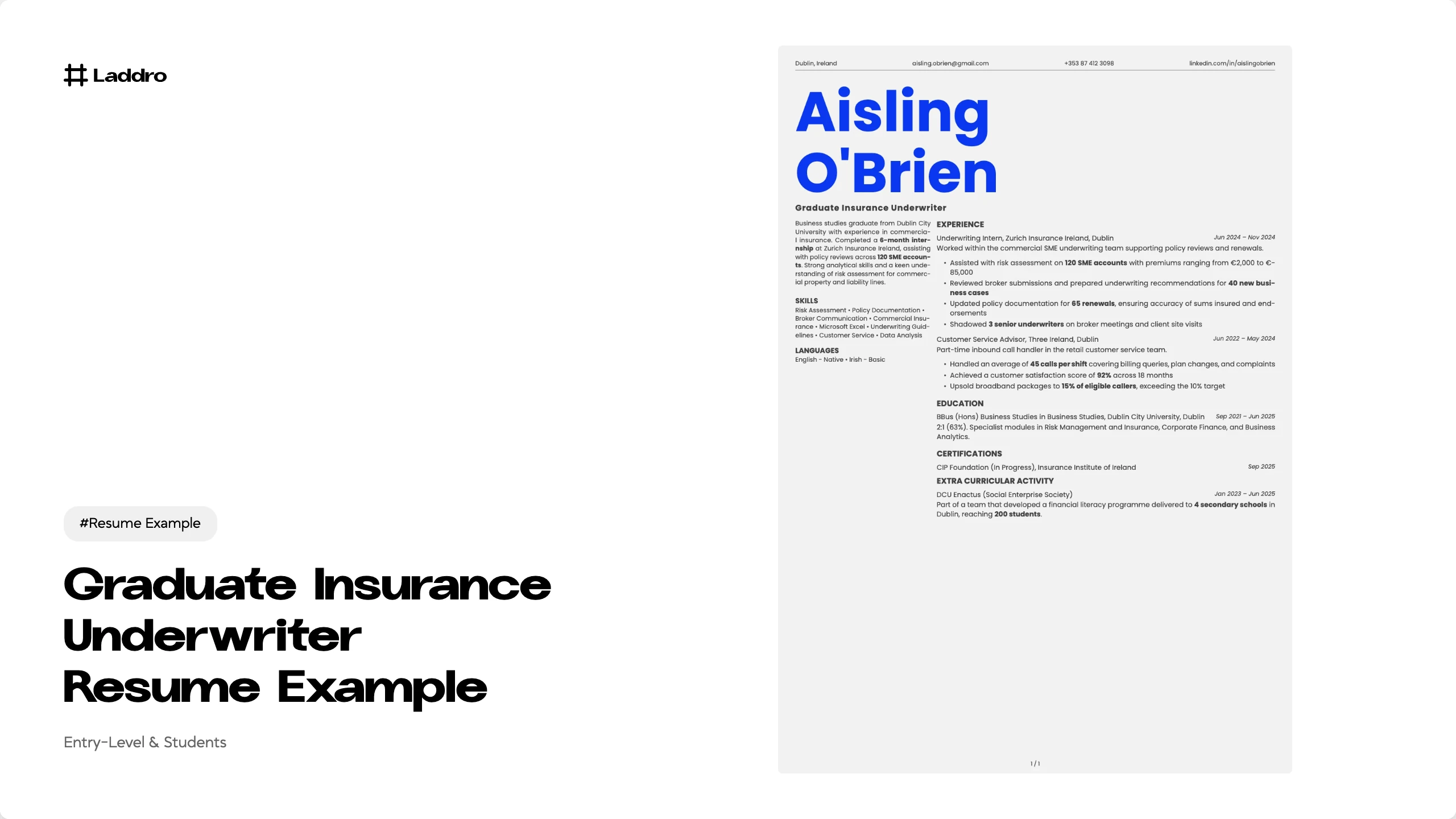 Insurance Writer Example Graduate Insurance Underwriter Resume Example 2026 ยท Laddro