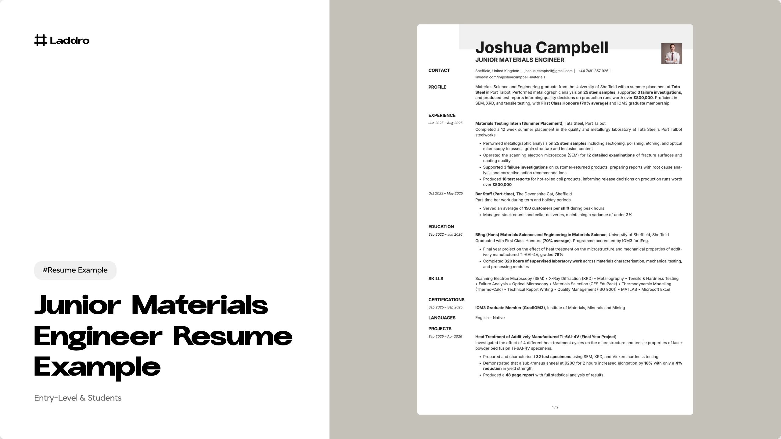 Junior Materials Engineer Resume Example 2026 · Laddro