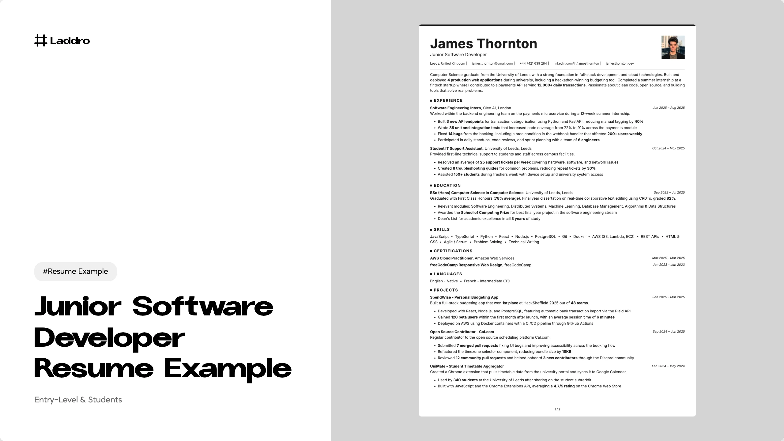 Junior Software Developer Resume 2026 · Laddro