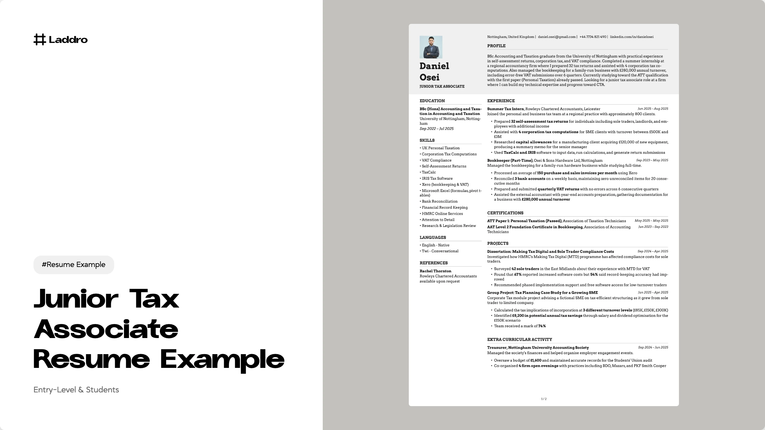 Junior Tax Associate Resume Example 2026 · Laddro