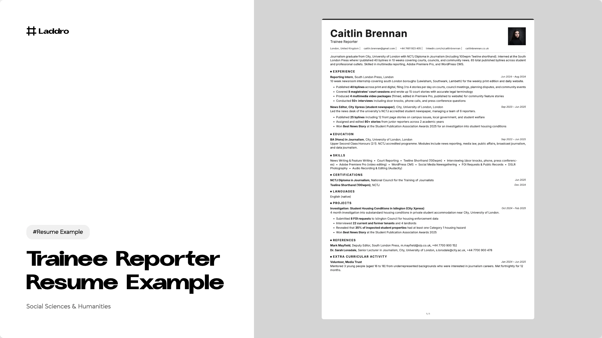 Trainee Reporter Resume Example 2026 · Laddro