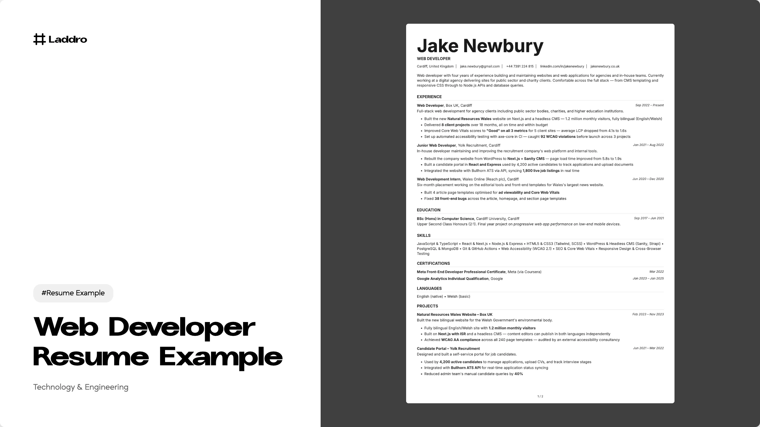 Web Developer Resume Example 2026 · Free Download · Laddro