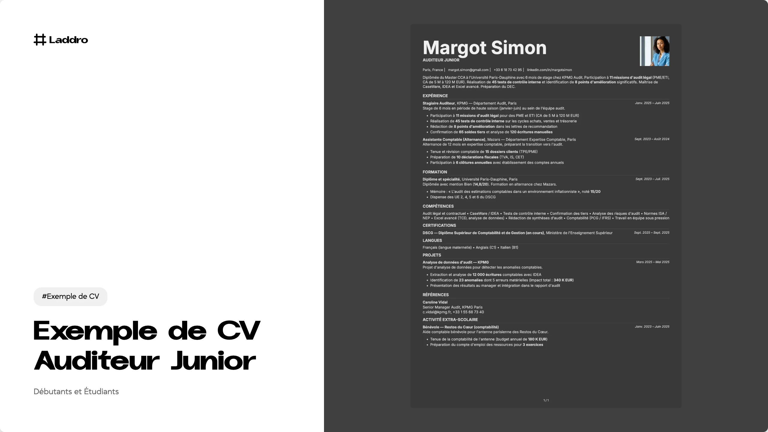 Exemple de CV Auditeur Junior 2026 · Télécharger et modifier · Laddro