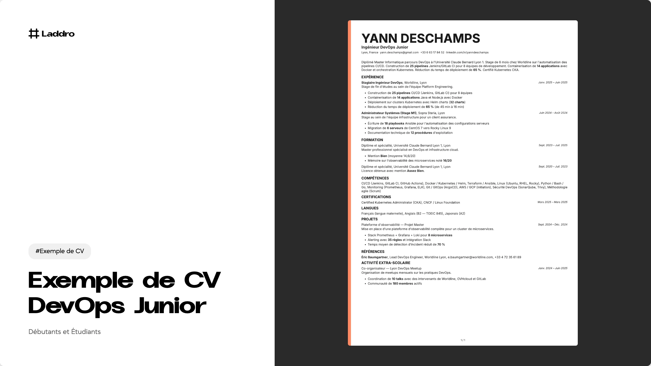 Exemple de CV DevOps Junior 2026 · Télécharger et modifier · Laddro