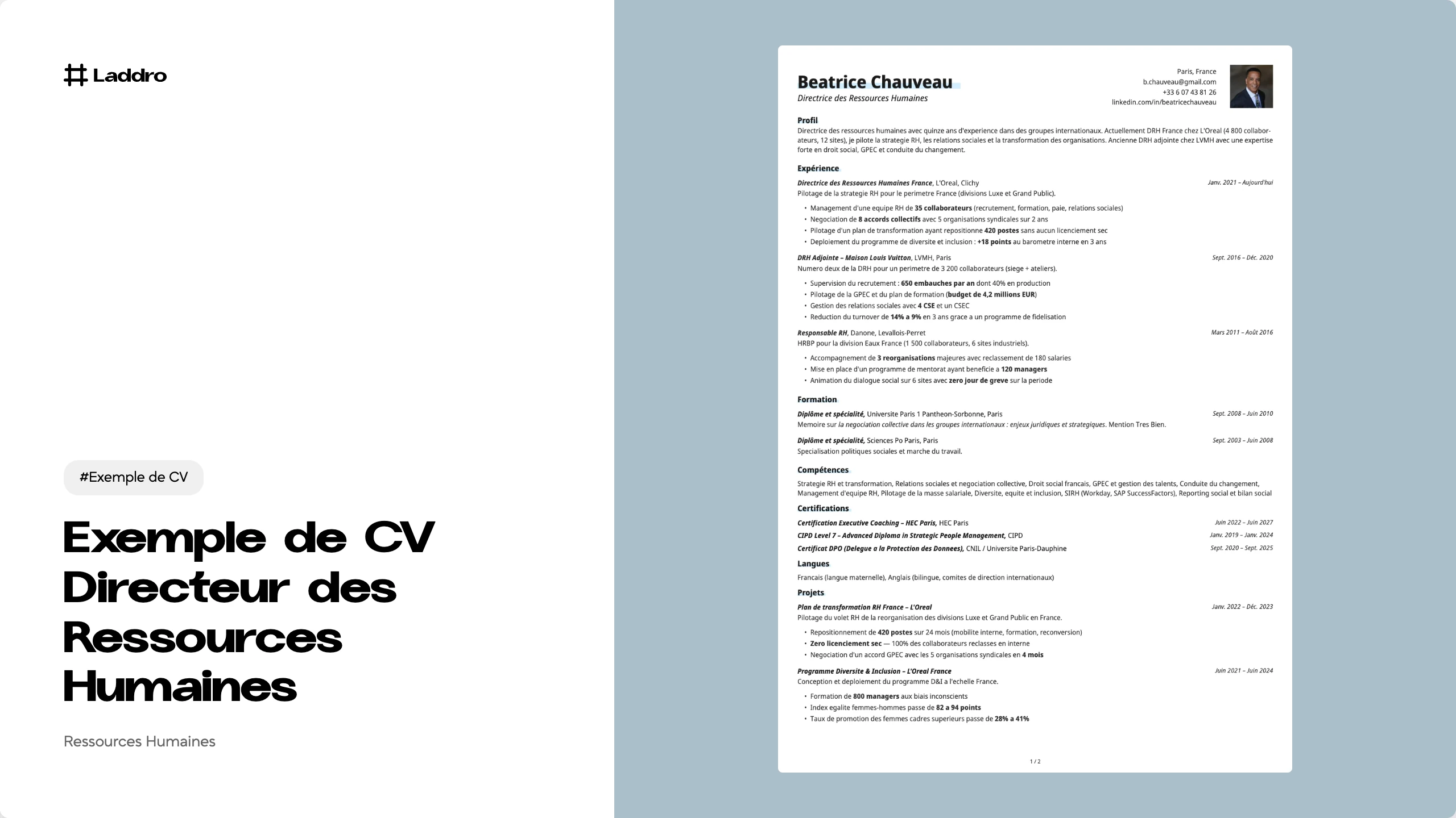 Cv Collection Sources Exemple de CV DRH 2026 · Télécharger et modifier · Laddro