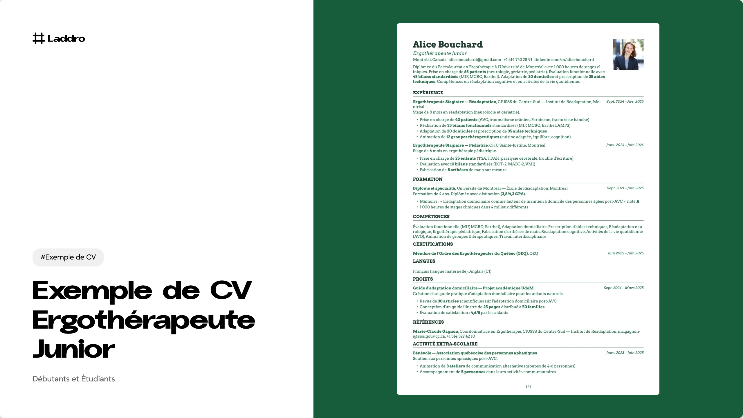 Exemple de CV Ergothérapeute Junior 2026 · Télécharger et modifier · Laddro