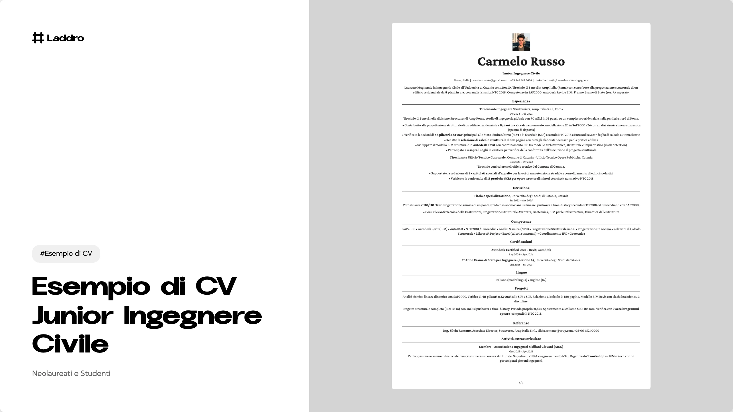 Esempio di CV Junior Ingegnere Civile 2026 · Laddro