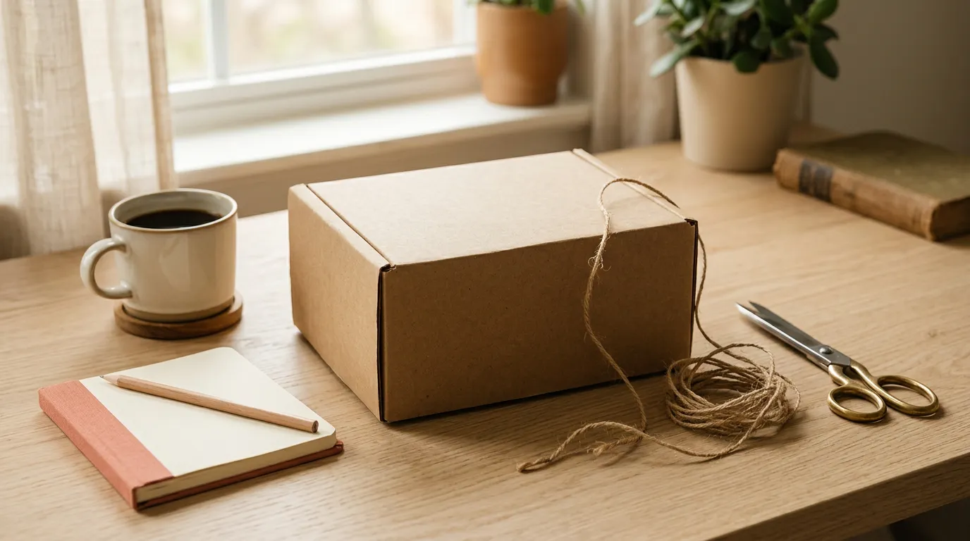 A plain kraft shipping box with loose twine on a wooden desk, beside a notebook and pencil, scissors and a cup of coffee.