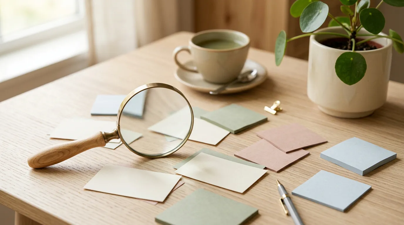A brass magnifying glass resting on scattered blank sticky notes in muted colours, beside a cup of green tea and a potted plant.