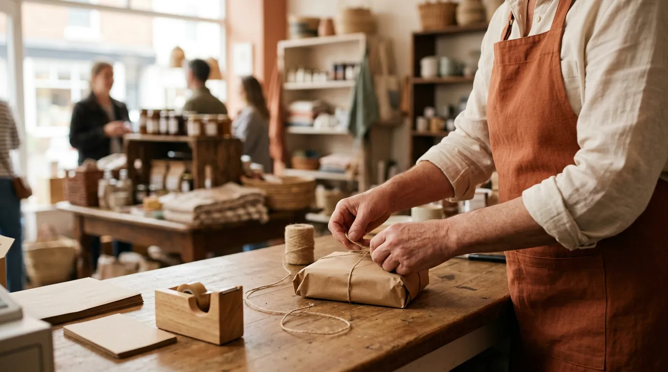 A shopkeeper in a rust apron tying twine around a parcel wrapped in brown paper at the counter of a small shop with customers behind.
