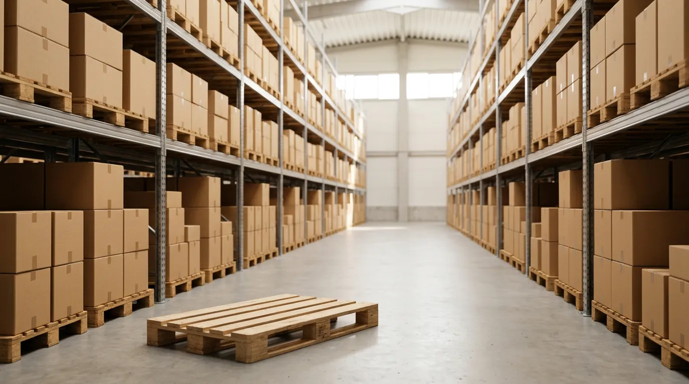 A long warehouse aisle with cardboard boxes stacked on pallets on steel racking either side and one empty pallet on the floor.