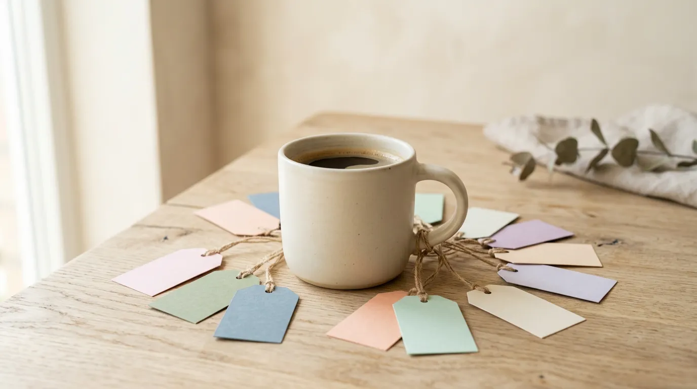 Blank pastel gift tags on strings fanned out around a mug of black coffee on a light wooden table.