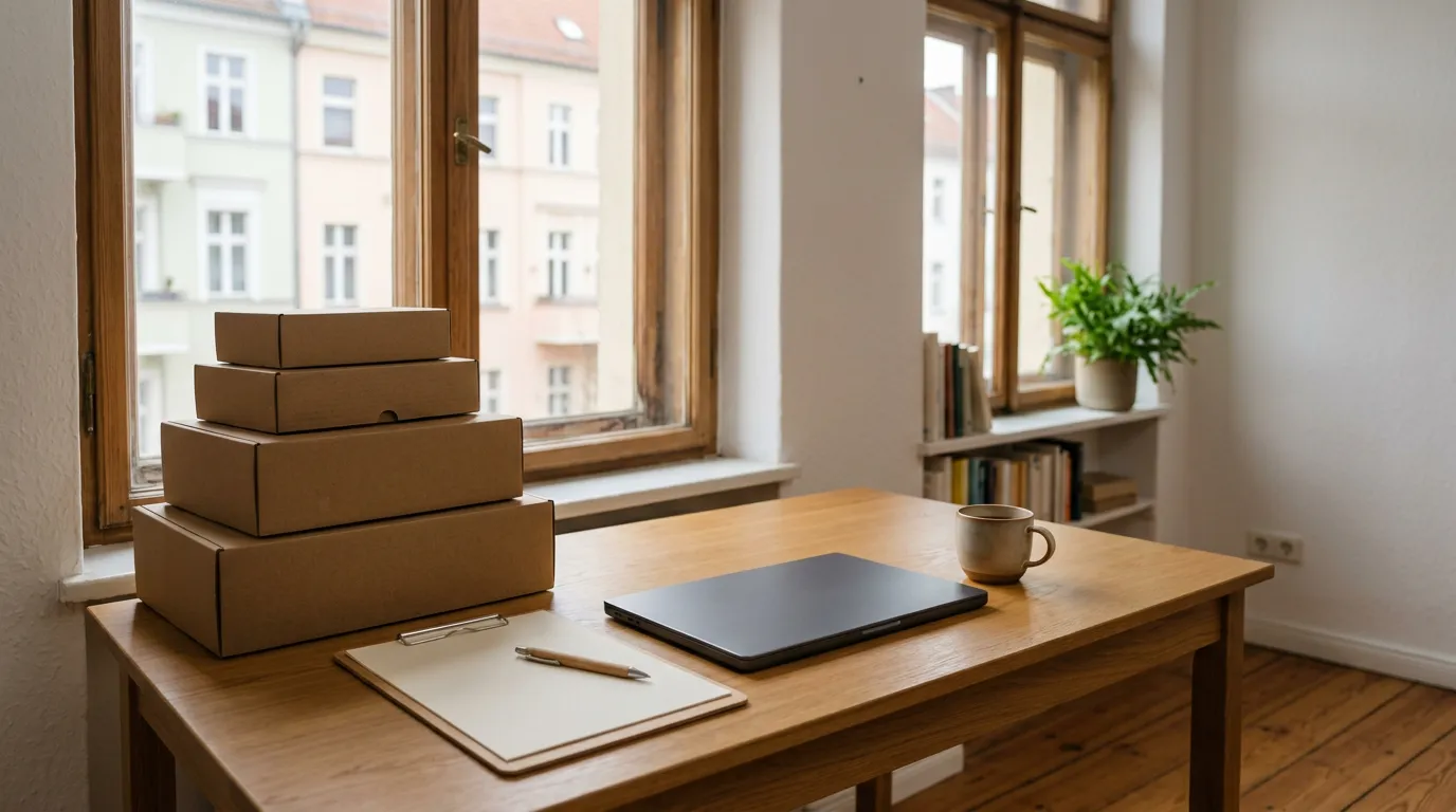 A wooden desk in a bright room with tall old windows, stacked cardboard shipping boxes, a closed laptop, a clipboard and a coffee cup.
